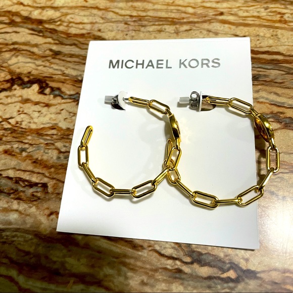 Michael Kors Gold Tone Chain Link Open Hoop Earrings MK Logo Frontal Hoop - Picture 5 of 7